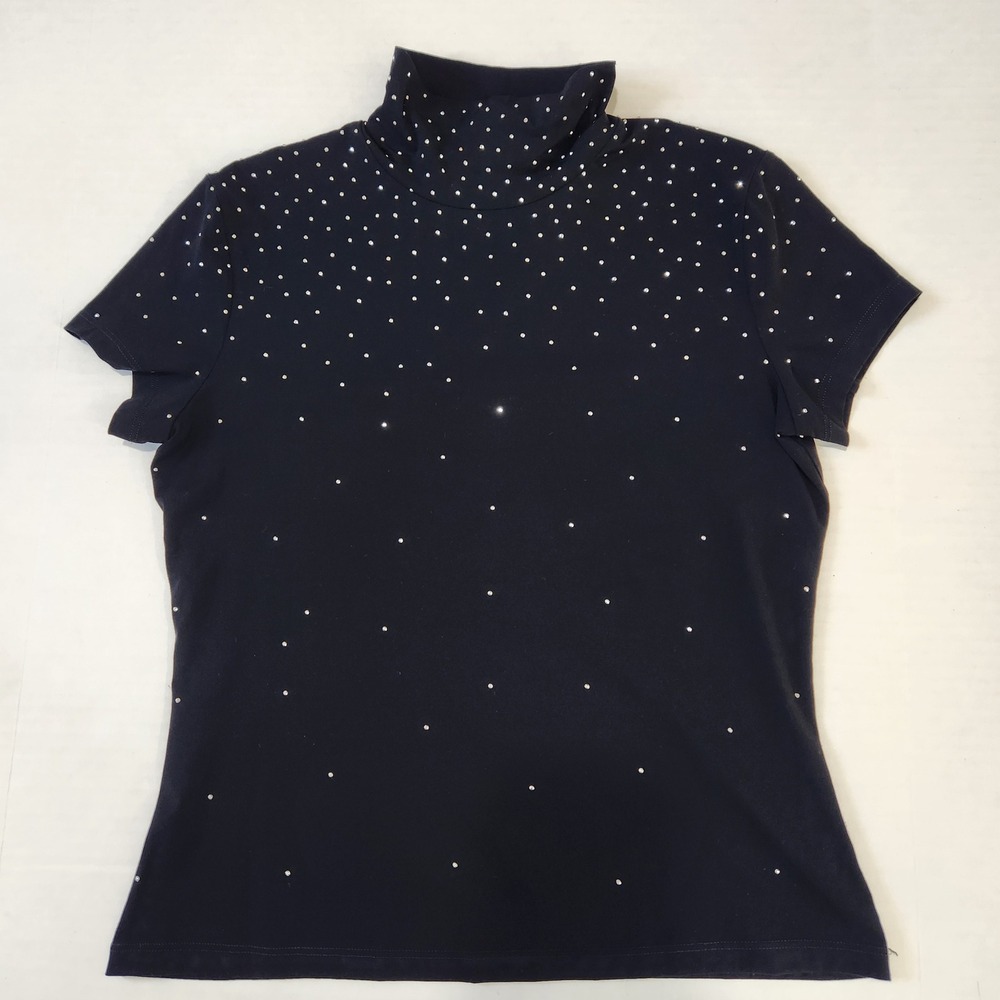 St. John Caviar Womens Black Studded Mock Neck Short Sleeve Top M Sparkle - Picture 11 of 11